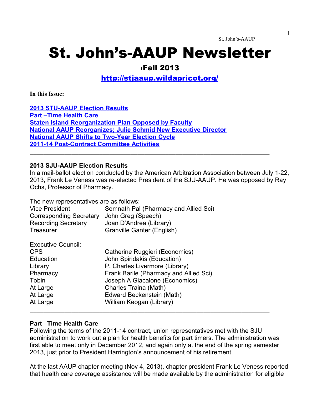 2013 STU-AAUP Election Results