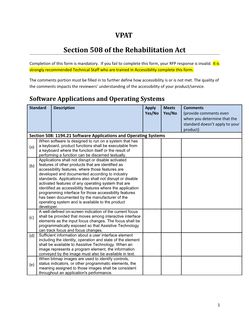 Section 508 VPAT Form