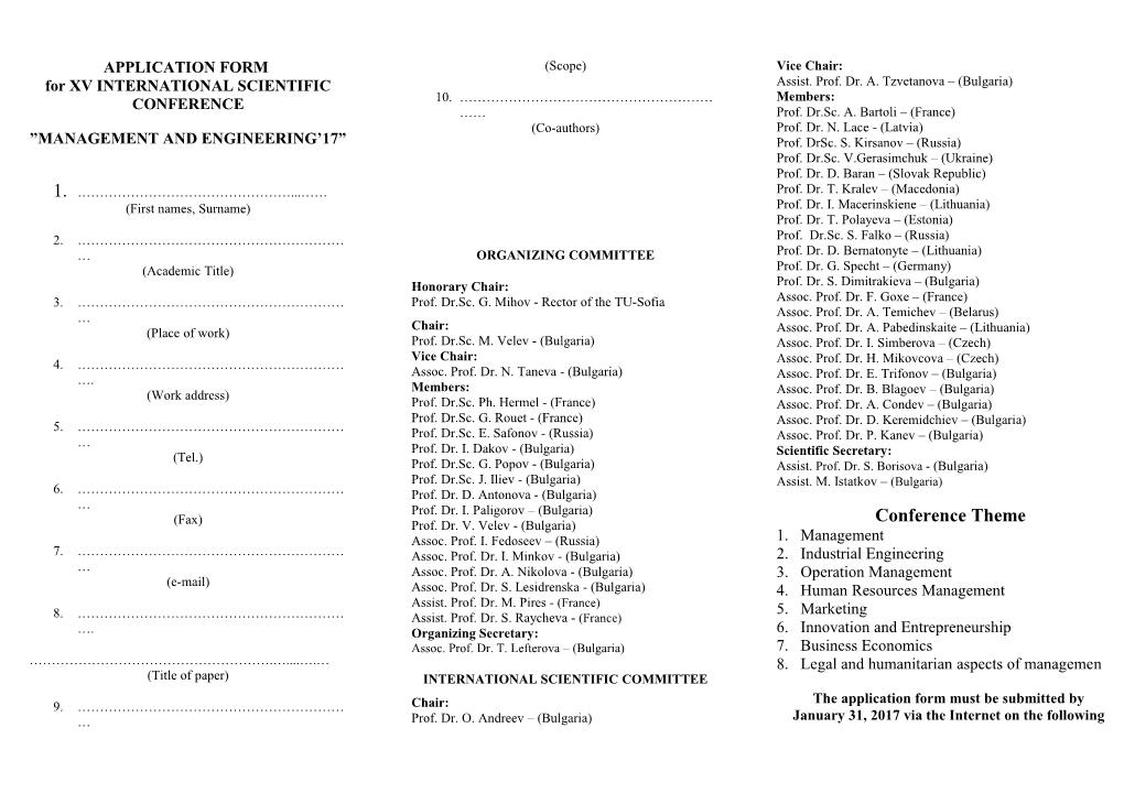 APPLICATION FORM Forxv INTERNATIONAL SCIENTIFIC CONFERENCE