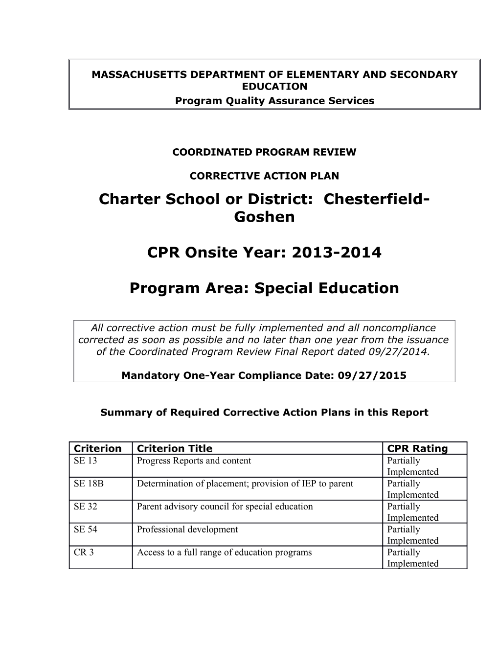 Chesterfield-Goshen Public Schools CAP 2014