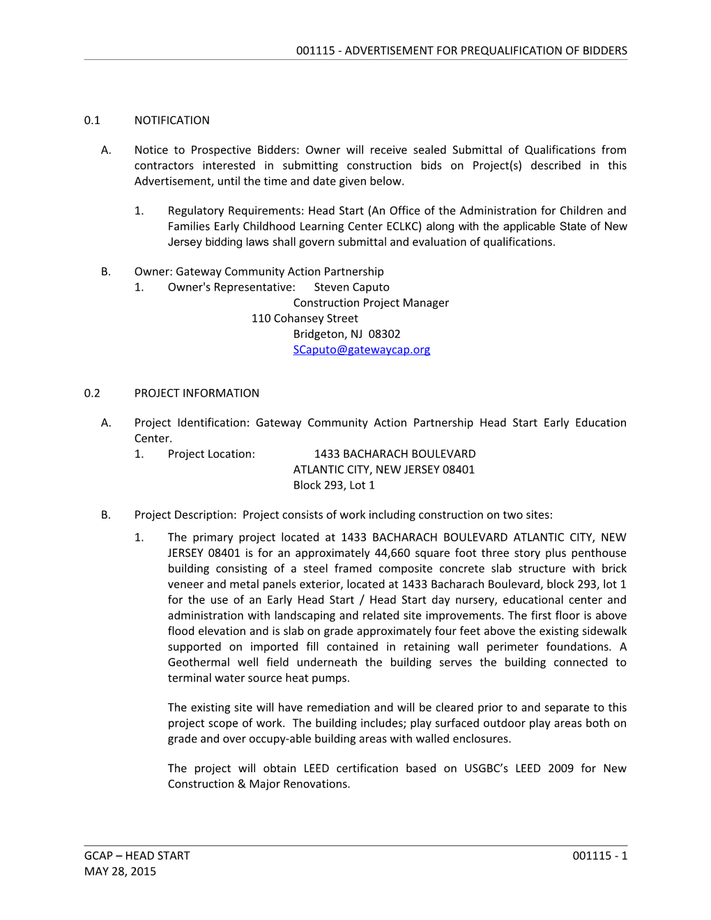 Section 001115 - Advertisement for Prequalification of Bidders