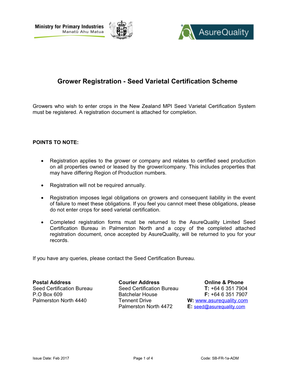 Grower Registration - Seed Varietal Certification Scheme