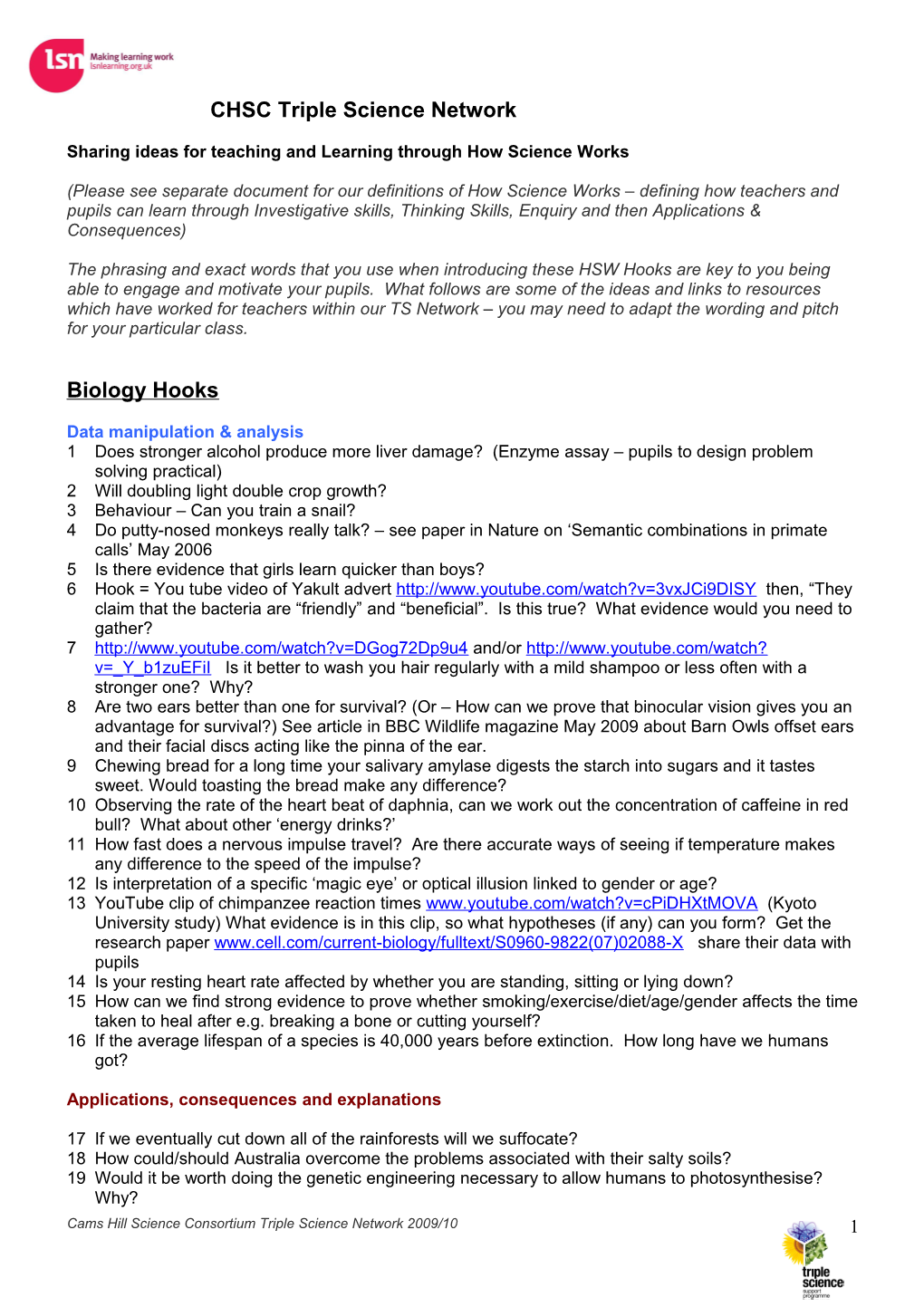 Triple Science Group Ideas for Teaching and Learning Through HSW