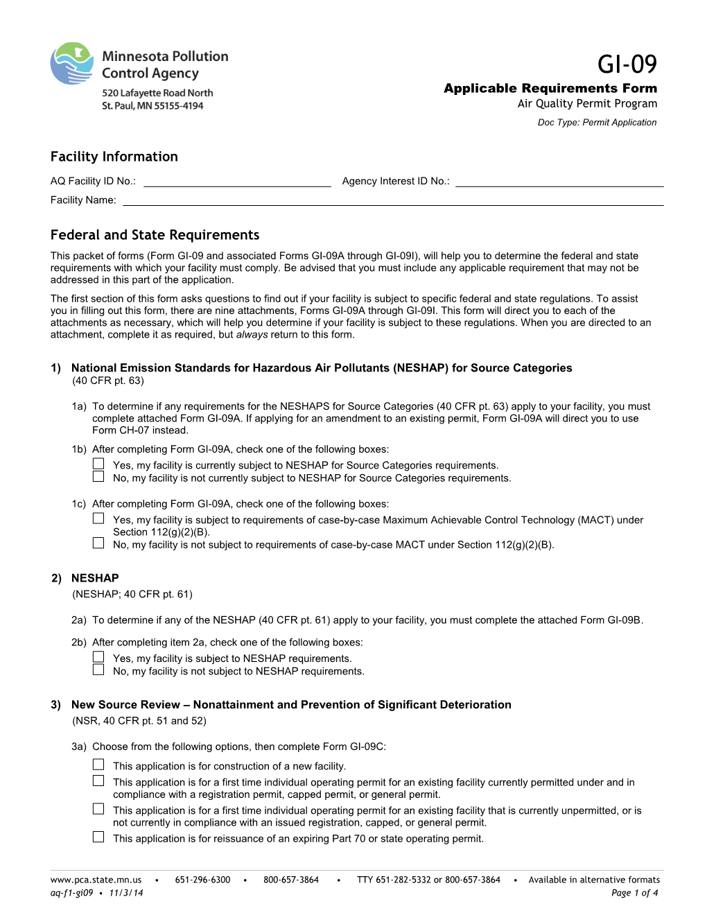 GI-09 Applicable Requirements Form - Air Quality Permit Section - Form