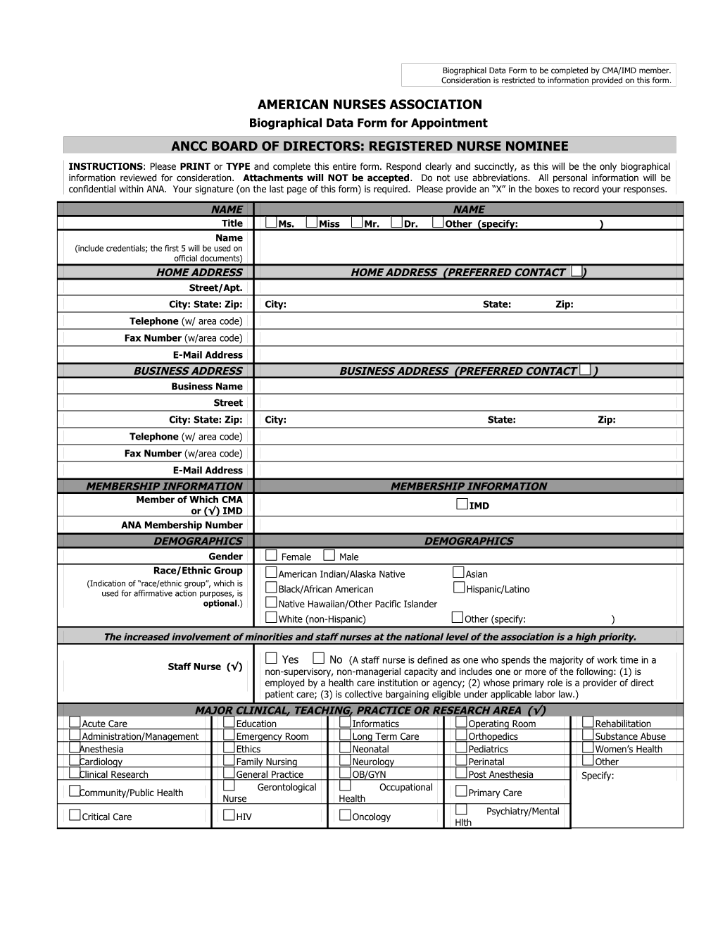 Biographical Data Form to Be Completed by CMA/IMD Member