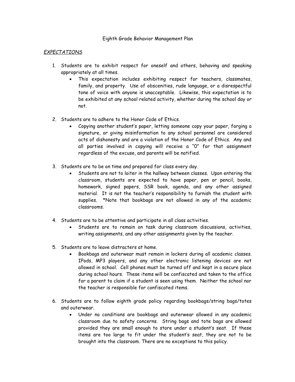 Eighth Grade Behavior Management Plan