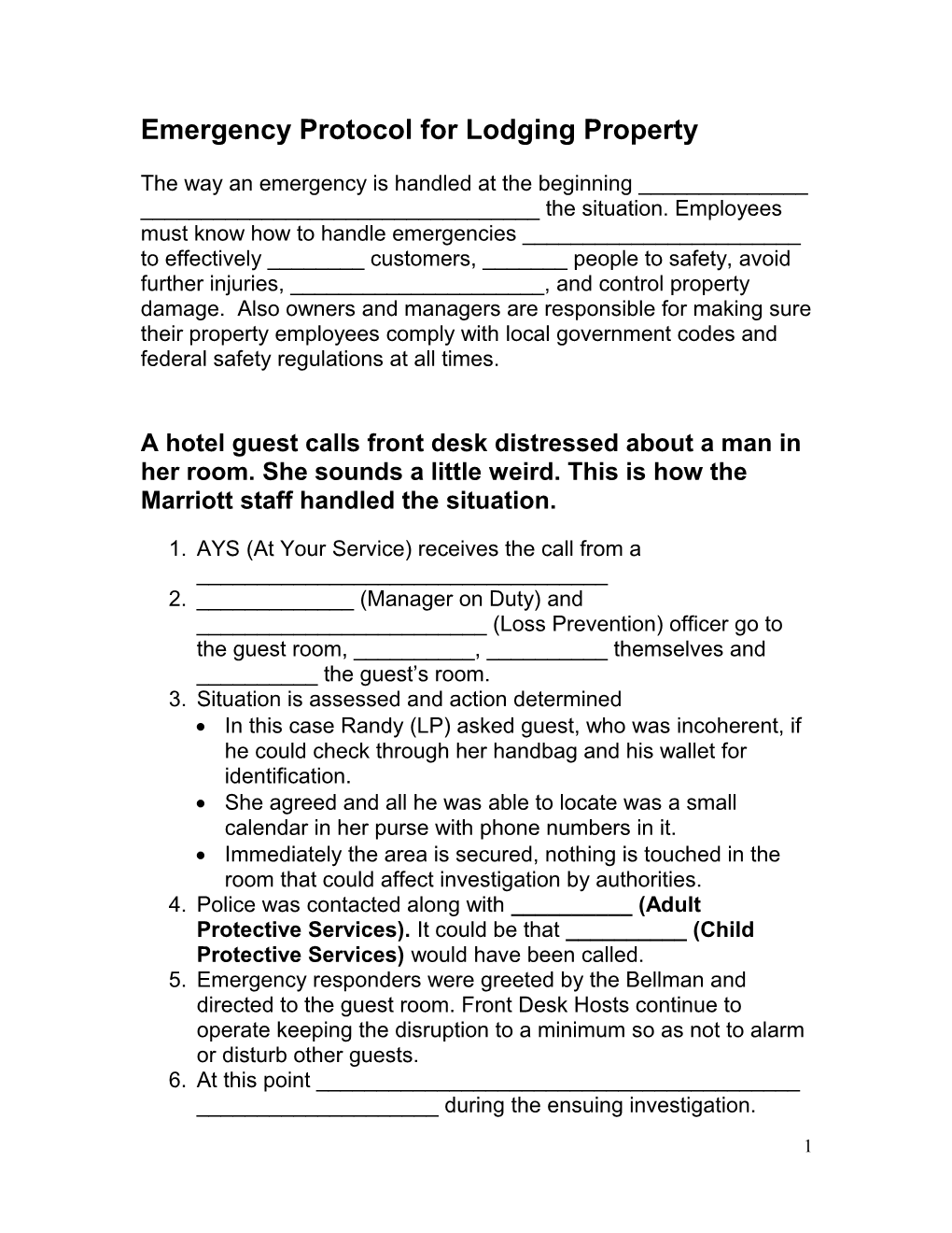 Emergency Protocol for Lodging Property