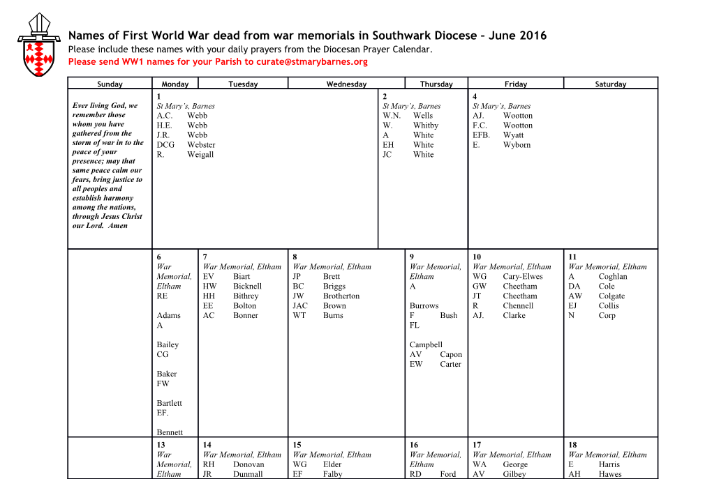 Names of First World War Dead from War Memorials in Southwark Diocese June2016 Please