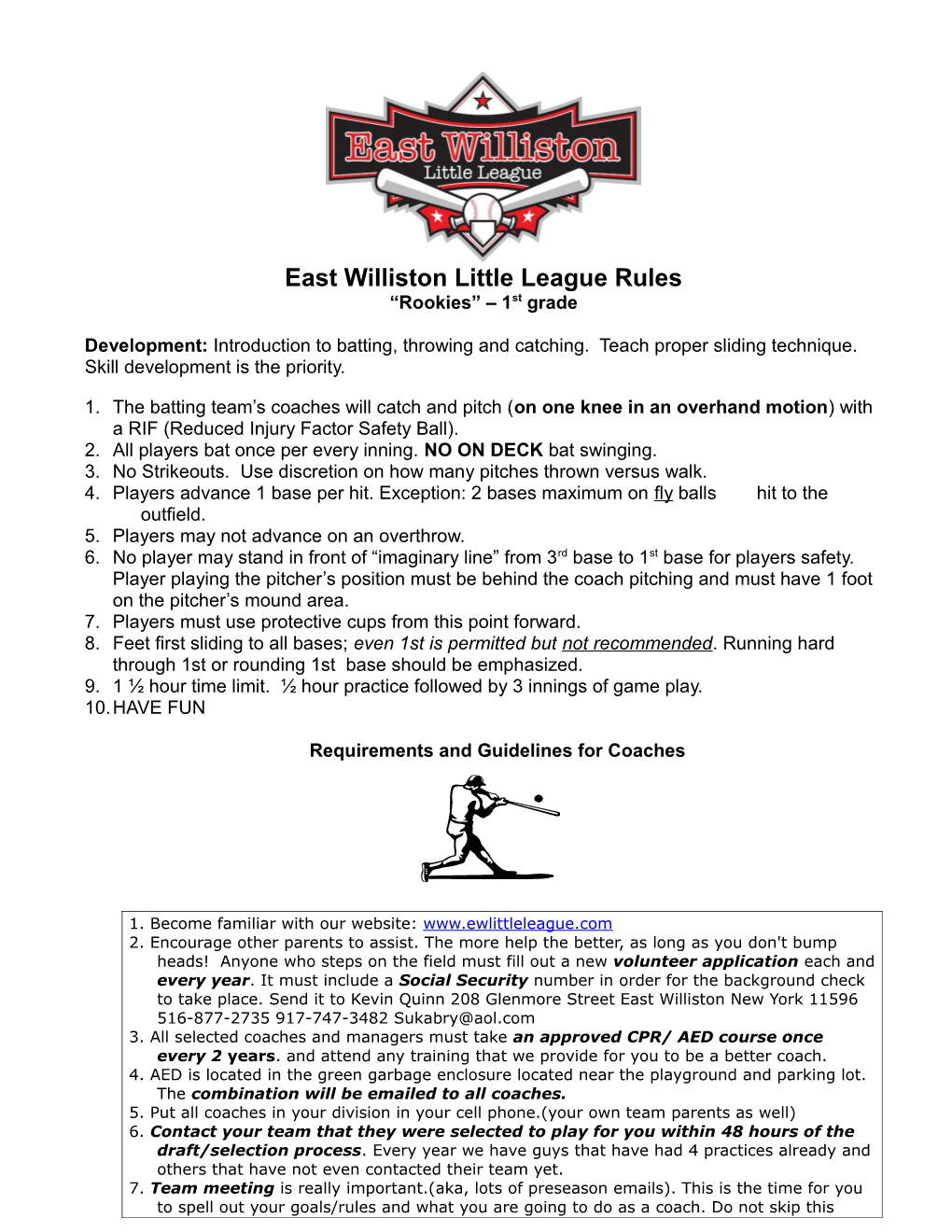 East Williston Little League - 2010 Intramural Rules T-Ball (41310)