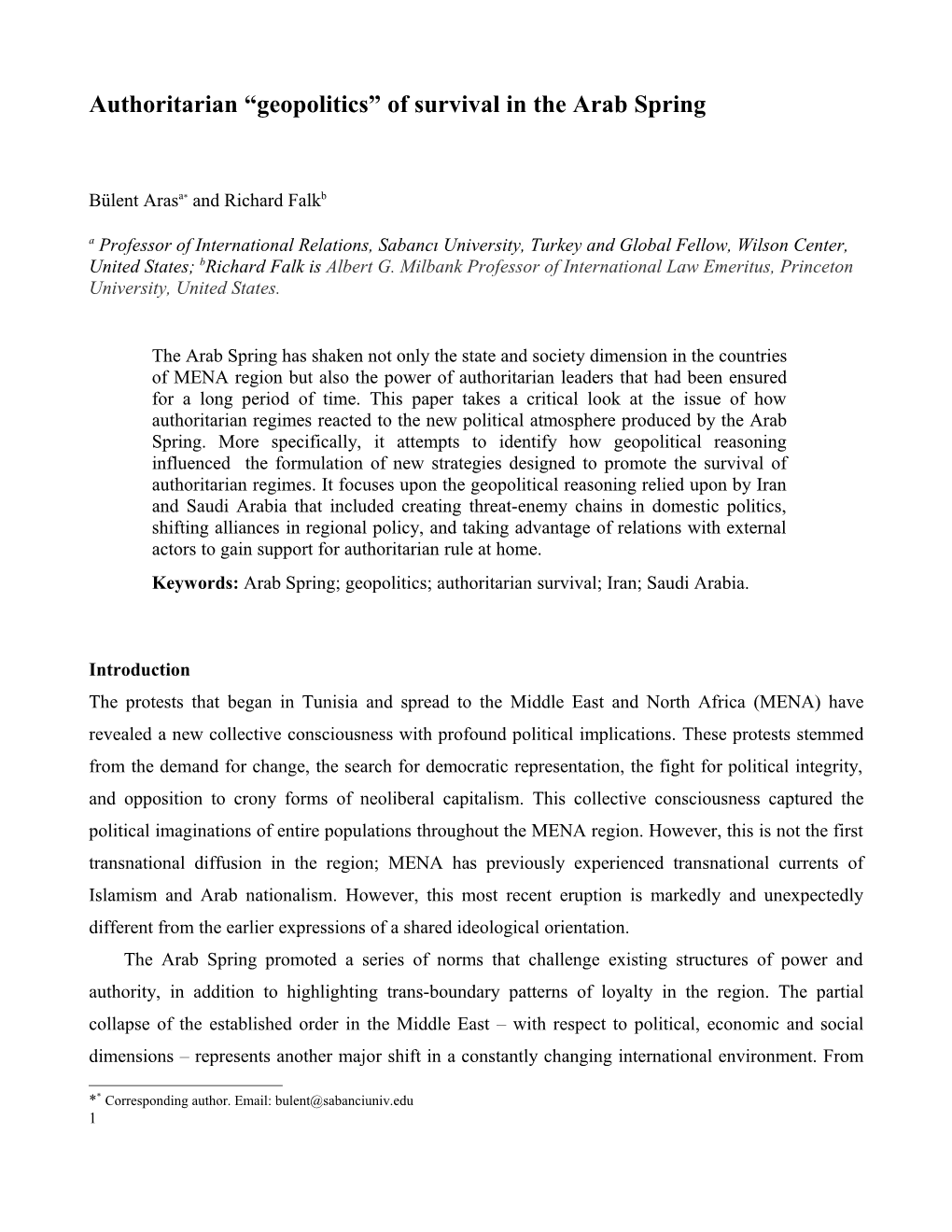 Authoritarian Geopolitics of Survival in the Arab Spring