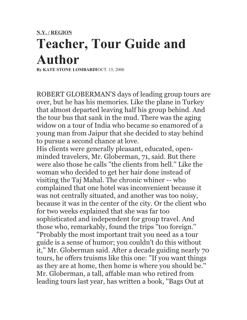 Teacher, Tour Guide and Author
