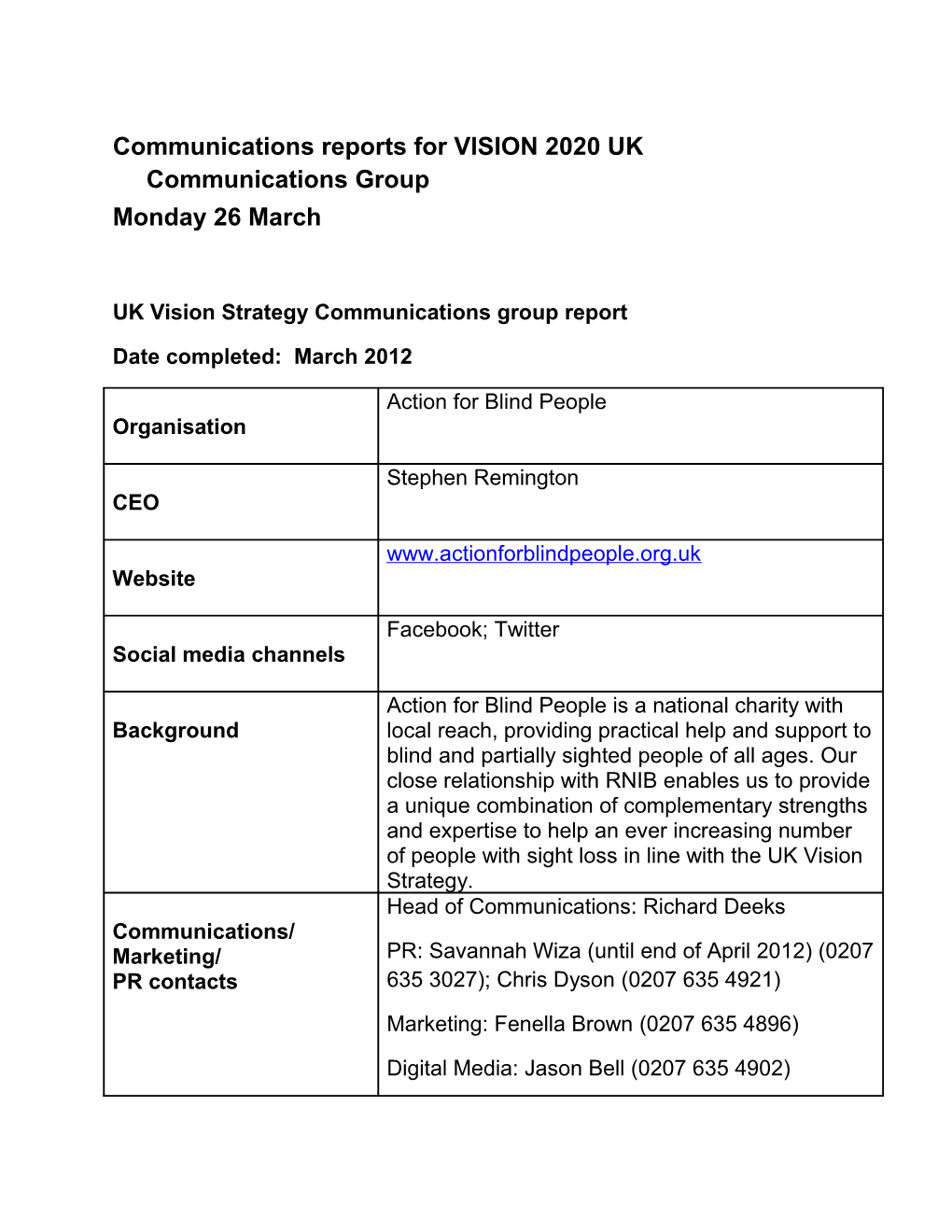 Sector Communications Contacts