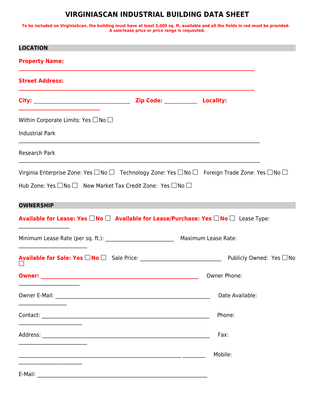 Virginiascan Industrial Building Data Sheet