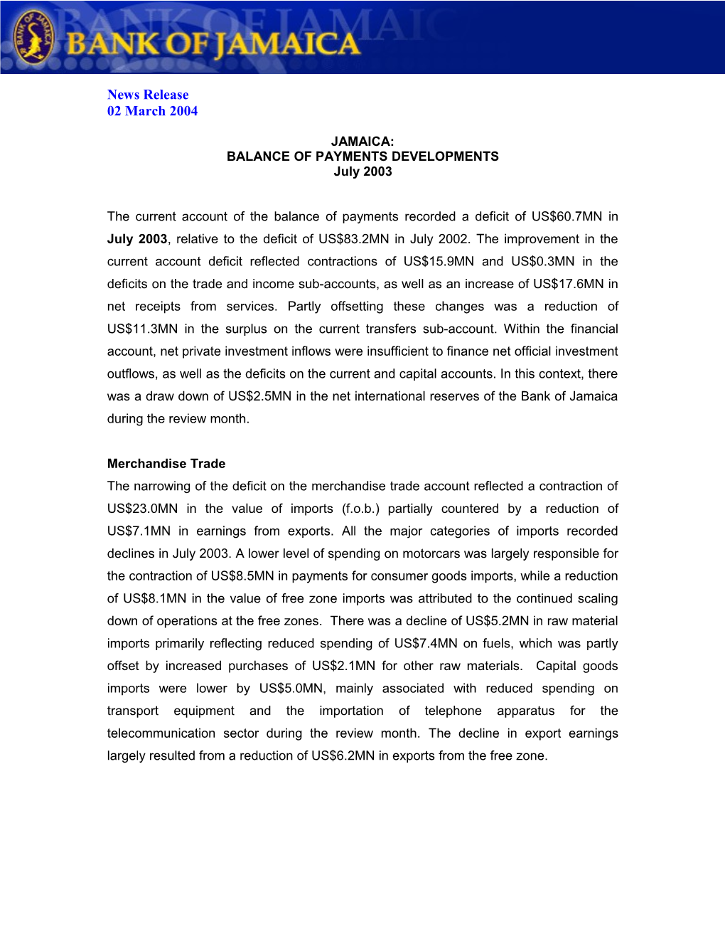 Balance of Payments Developments