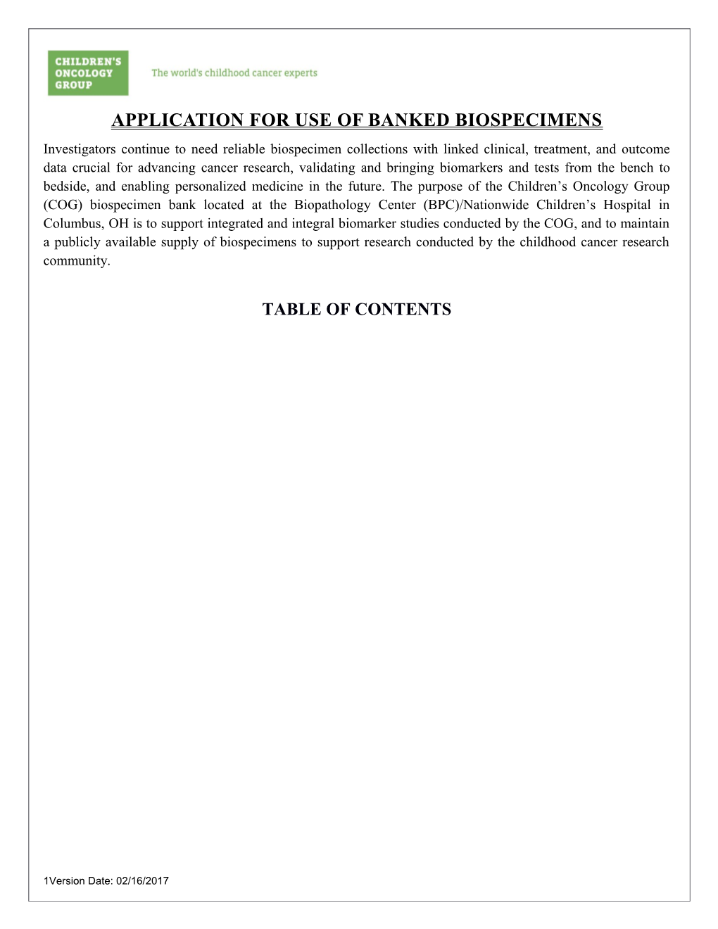 Application for Use of Banked Biospecimens