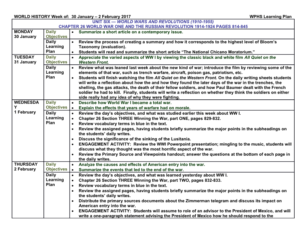 World Historyweek Of: 30 January 2 February 2017 WPHS Learning Plan