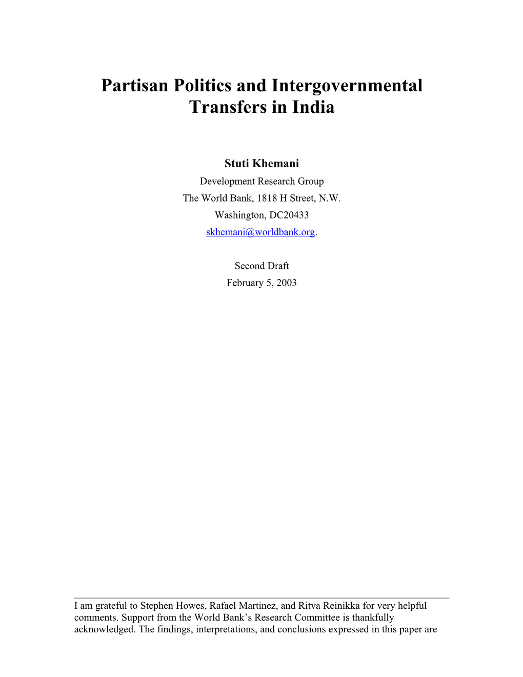 Partisan Politics and Intergovernmental Transfers in India