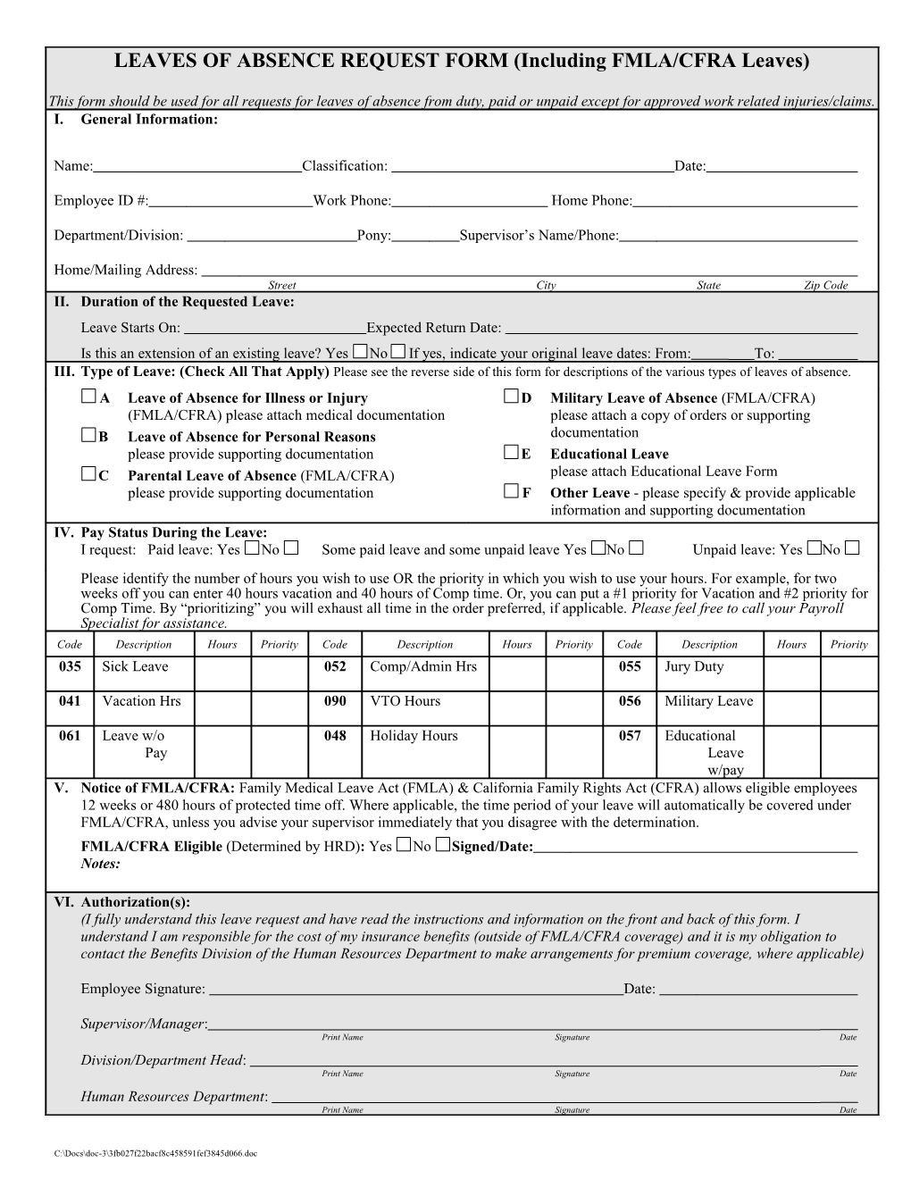 Instructions for Use of the Leave of Absence Request Form
