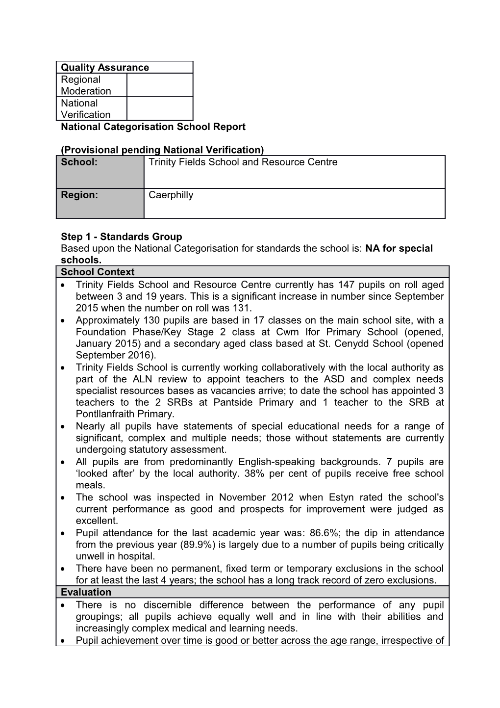 National Categorisation School Report