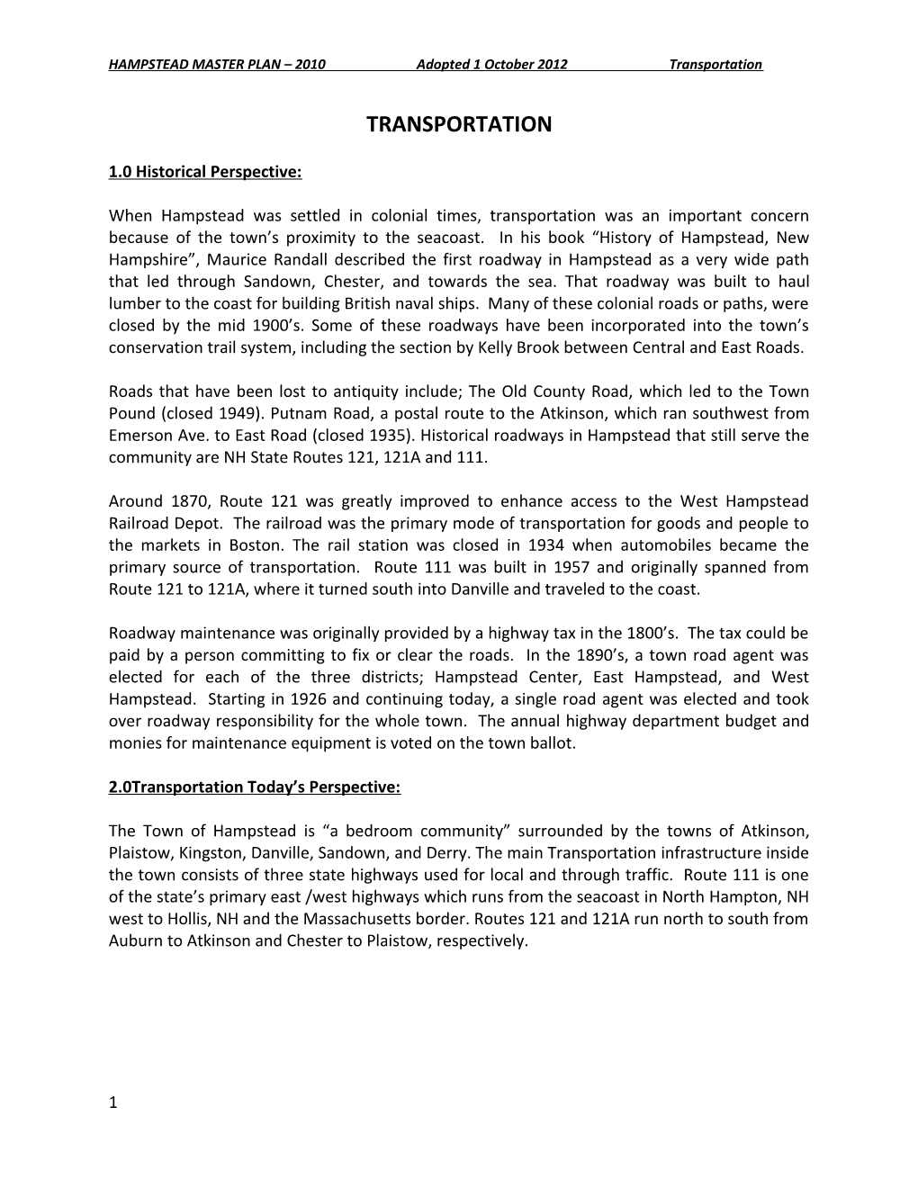 HAMPSTEAD MASTER PLAN 2010 Adopted 1 October 2012 Transportation