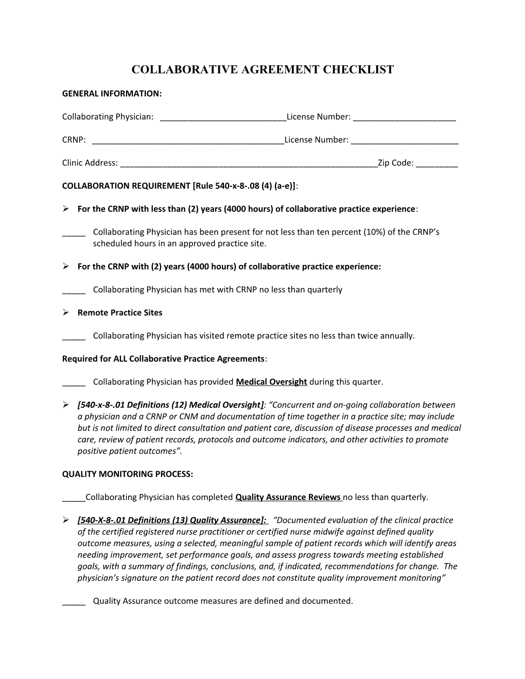 Collaborative Agreement Checklist