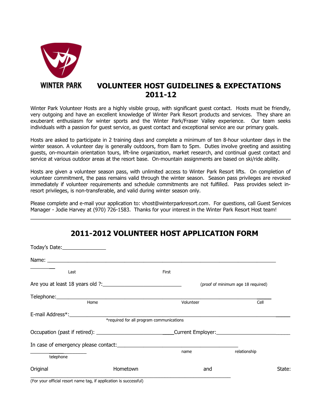 2011-2012 Volunteer Host Application Form