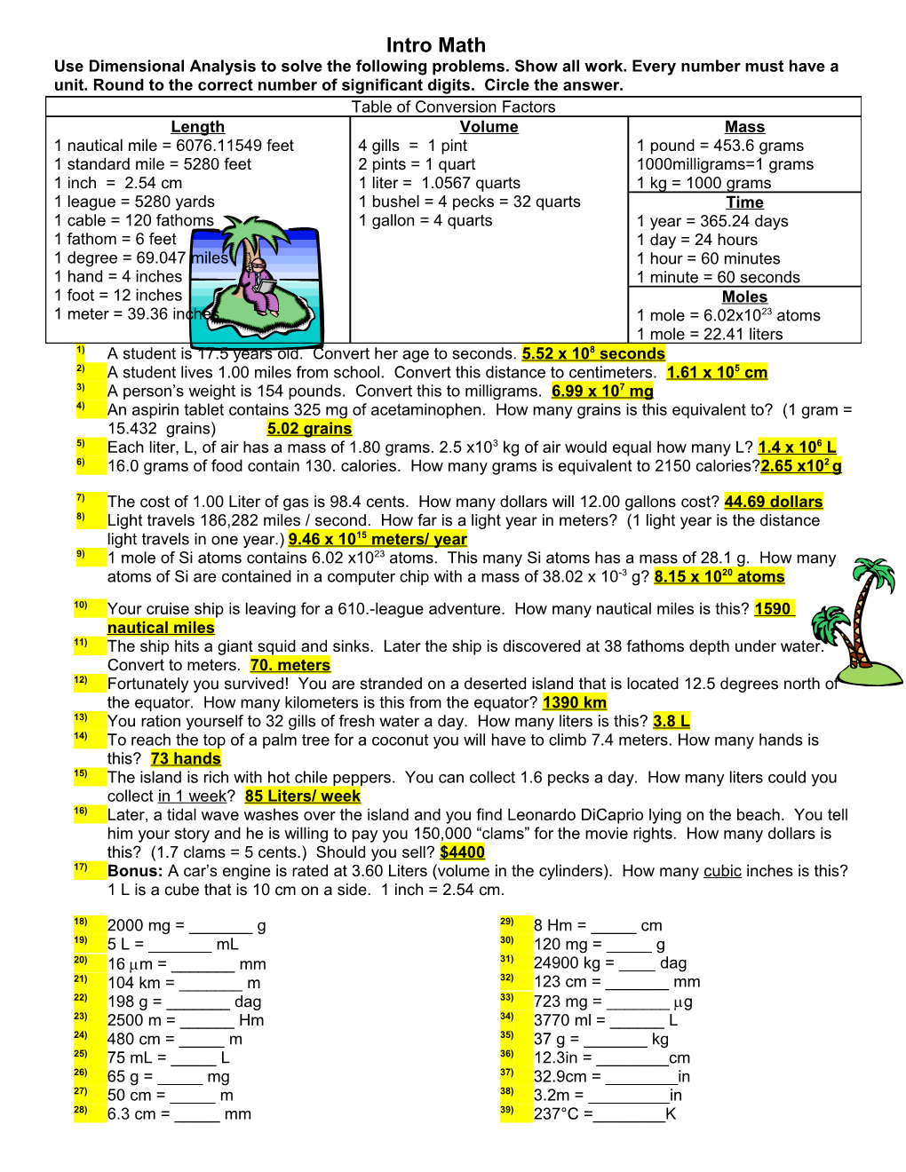 Use Dimensional Analysis to Solve the Following Problems. Show All Work. Every Number