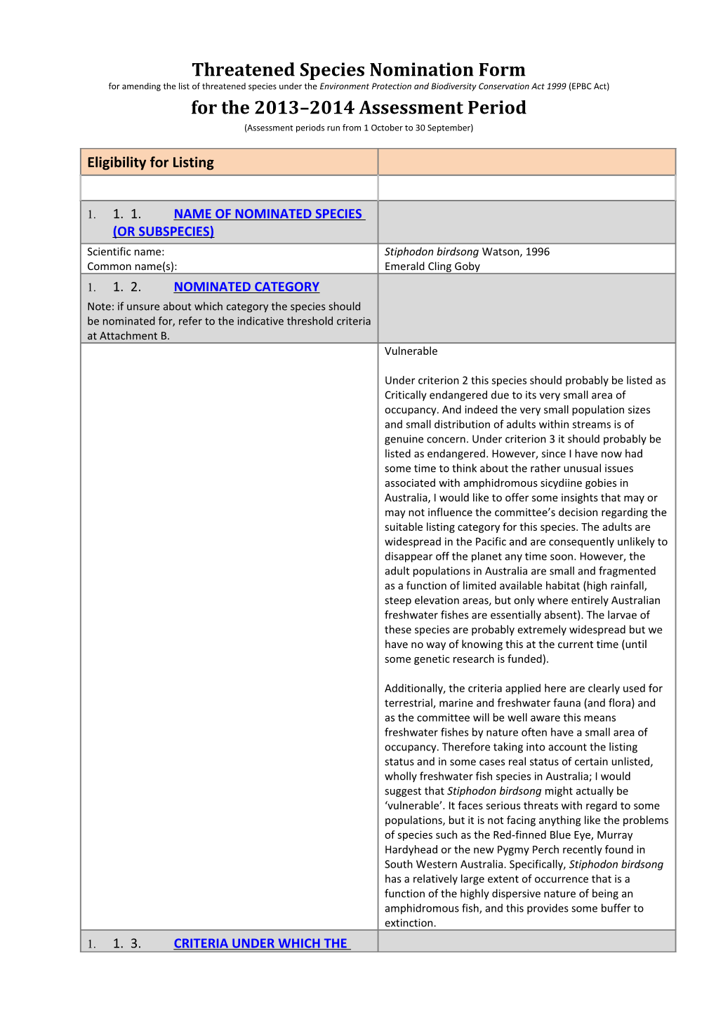 Threatened Species Nomination Form 2013 2014 (EPBC Act) - Stiphodon Birdsong