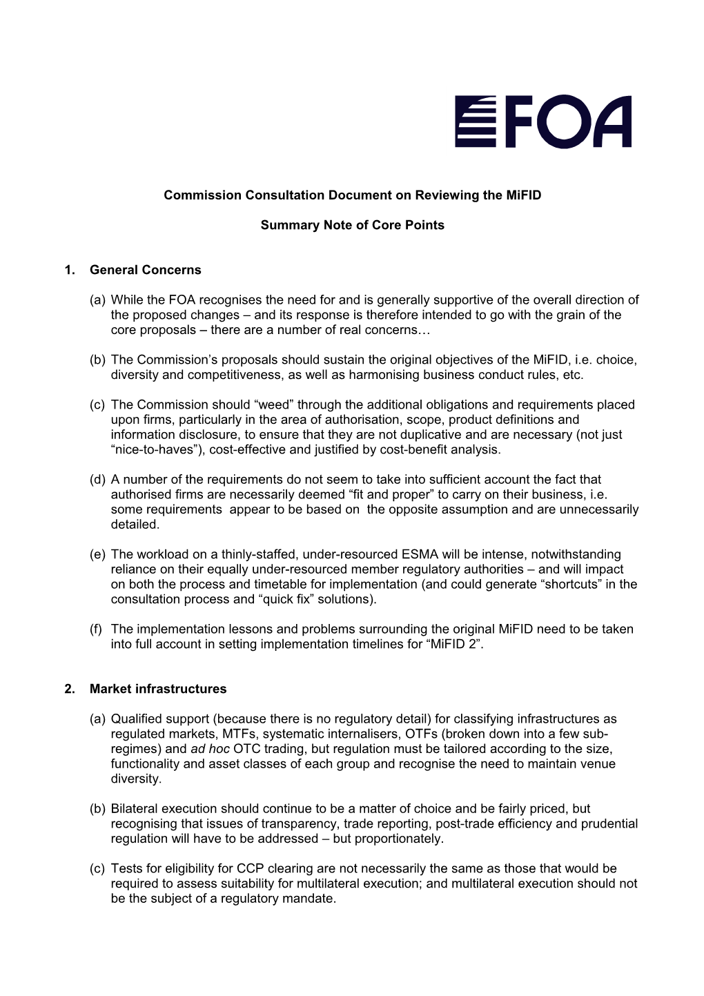Commission Consultation Document on Reviewing the Mifid