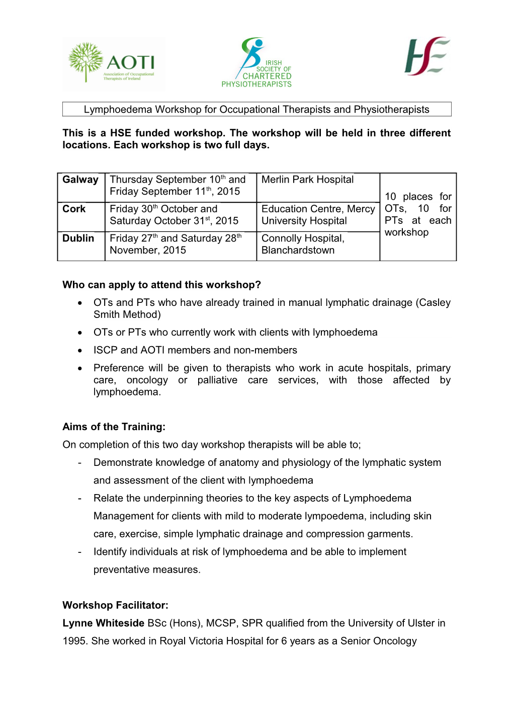 Lymphoedema Workshop for Occupational Therapists and Physiotherapists