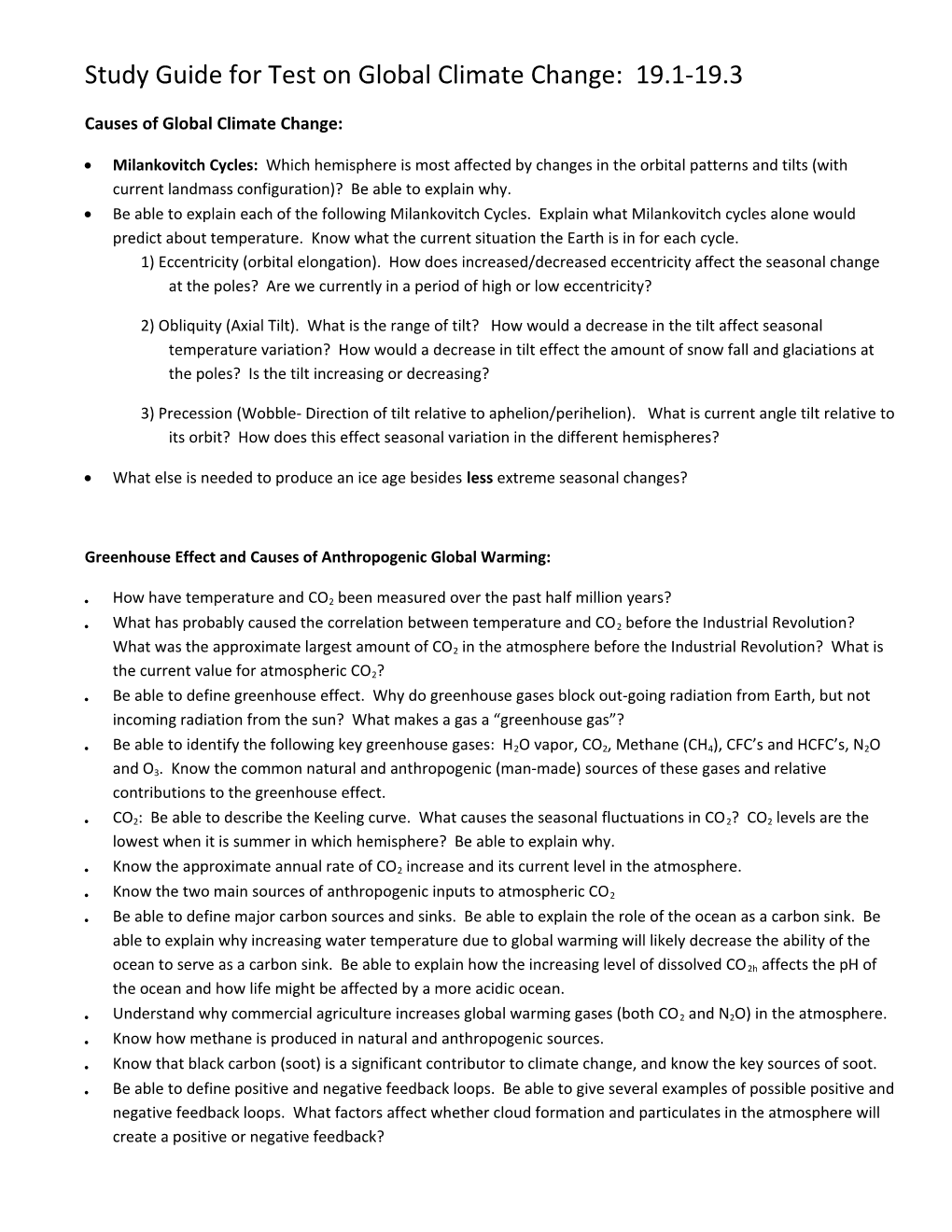 Study Guide for Test on Global Climate Change: 19.1-19.3