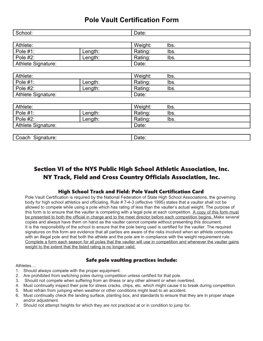 Pole Vault Certification Form