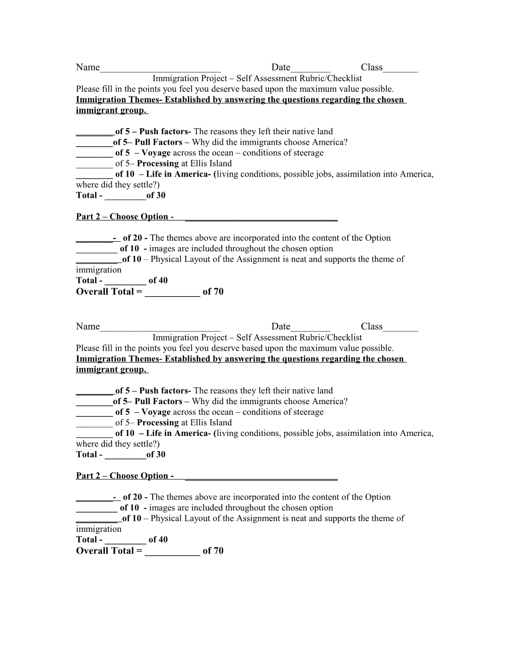 Immigration Project Self Assessment Rubric/Checklist