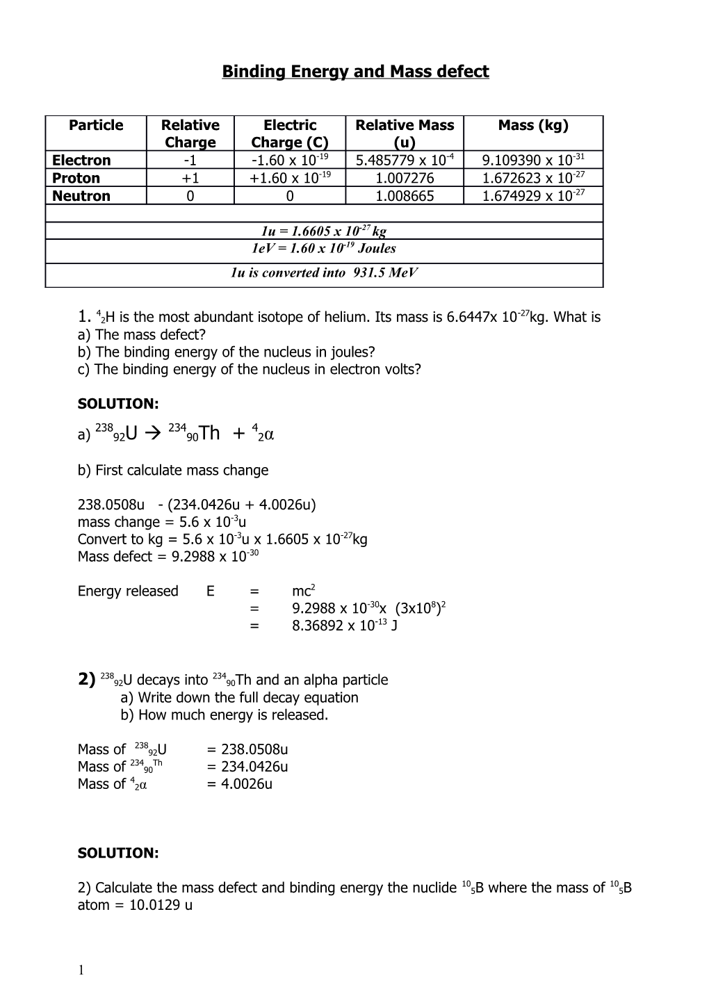 Binding Energy and Mass Defect