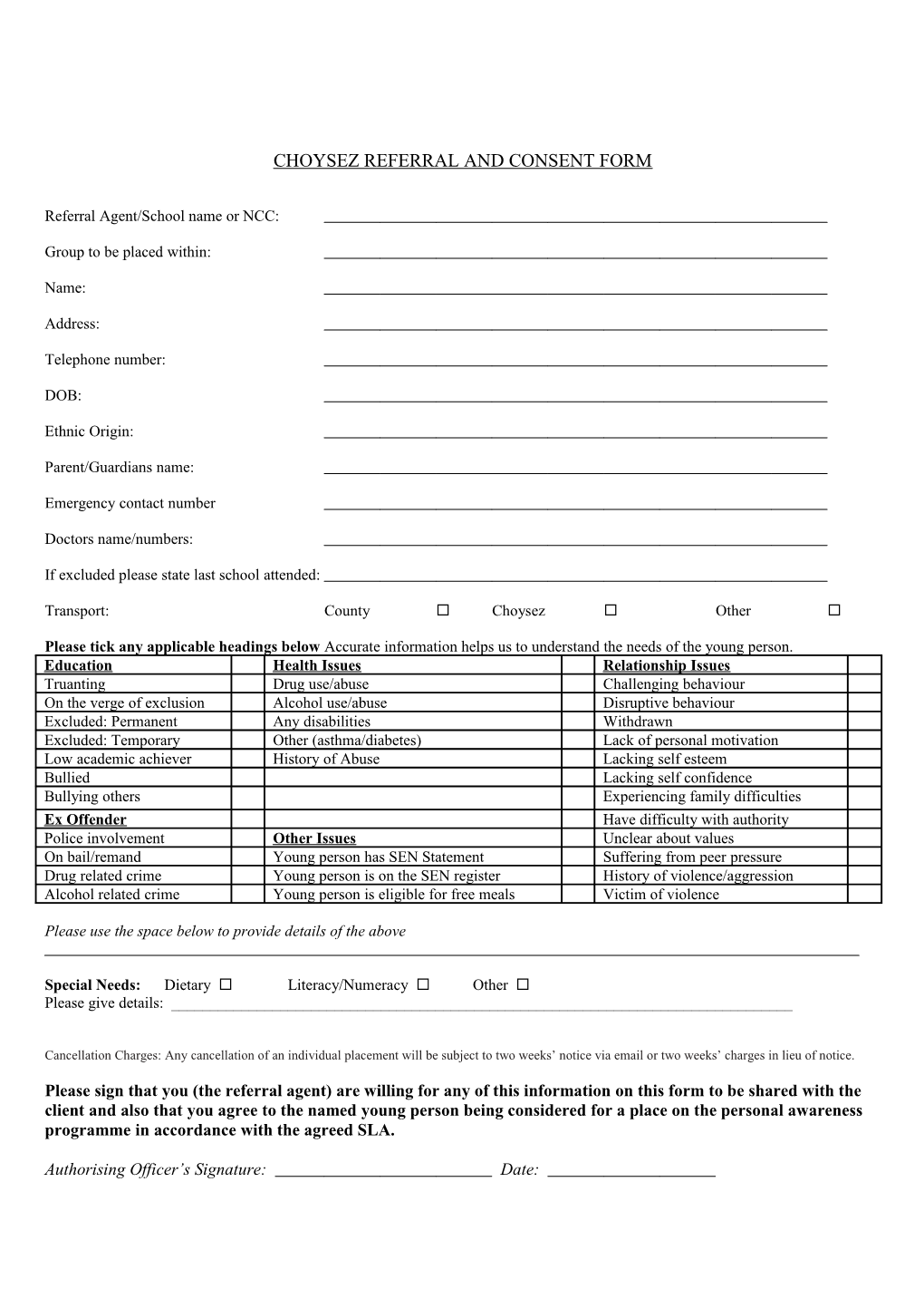 Choysez Referral and Consent Form