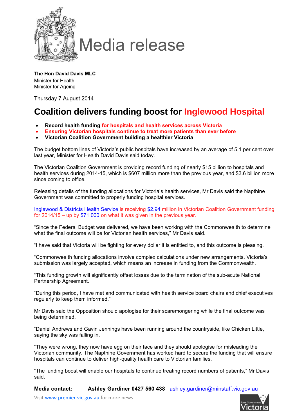 Coalition Delivers Funding Boost for Inglewood Hospital