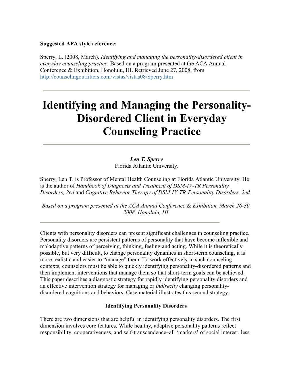 Identifying and Managing the Personality-Disordered Client in Everyday Counseling Practice