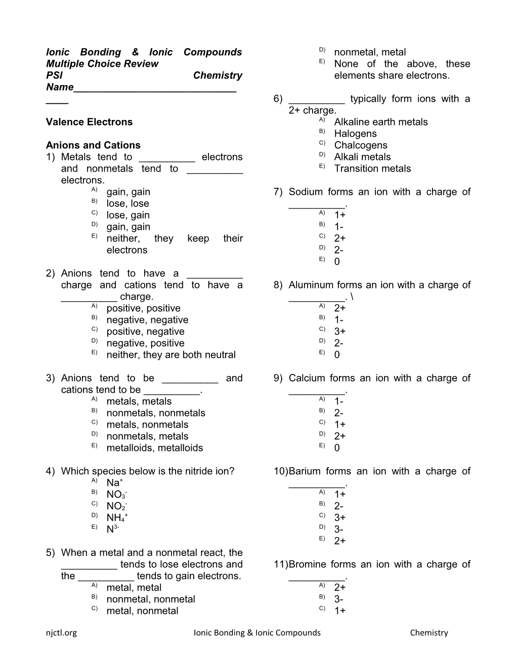 Ionic Bonding & Ionic Compounds Multiple Choice Review