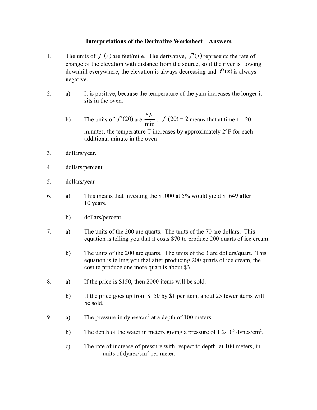 Interpretations of the Derivative Worksheet Answers