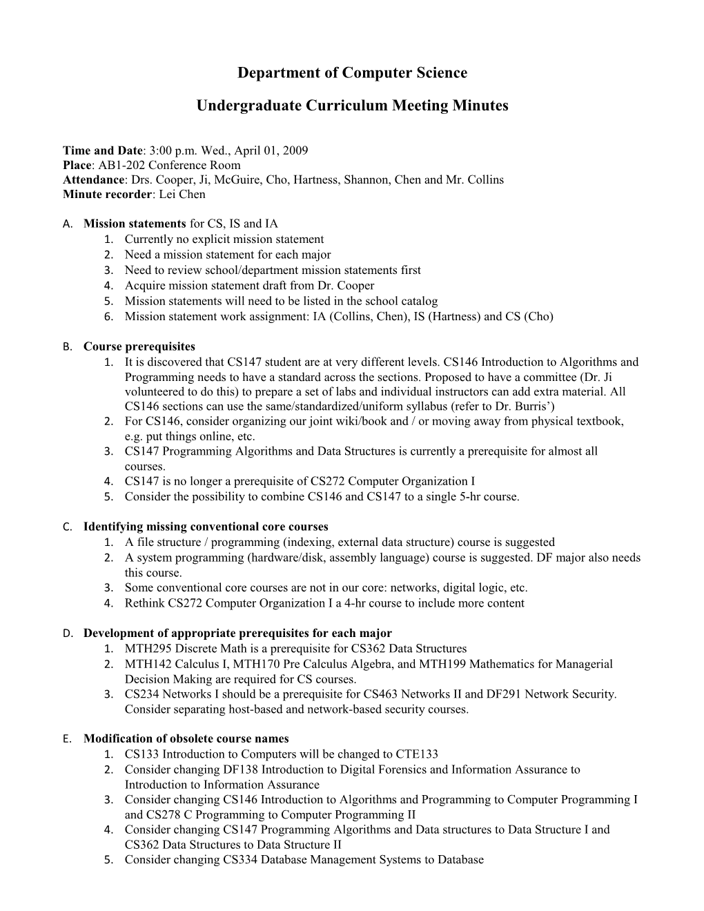 Undergraduate Curriculum Meeting Minutes