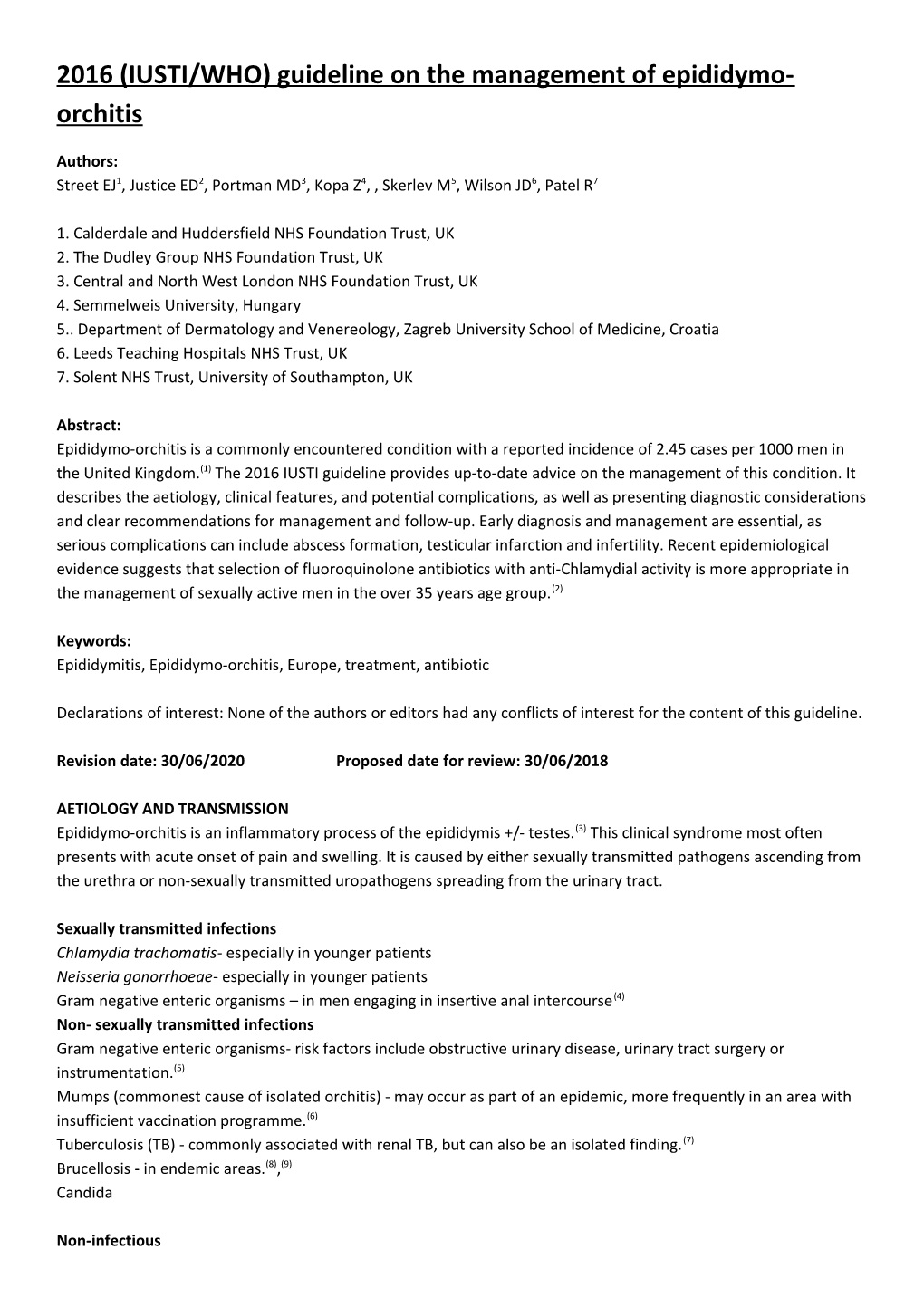 2016 (IUSTI/WHO) Guideline on the Management of Epididymo-Orchitis