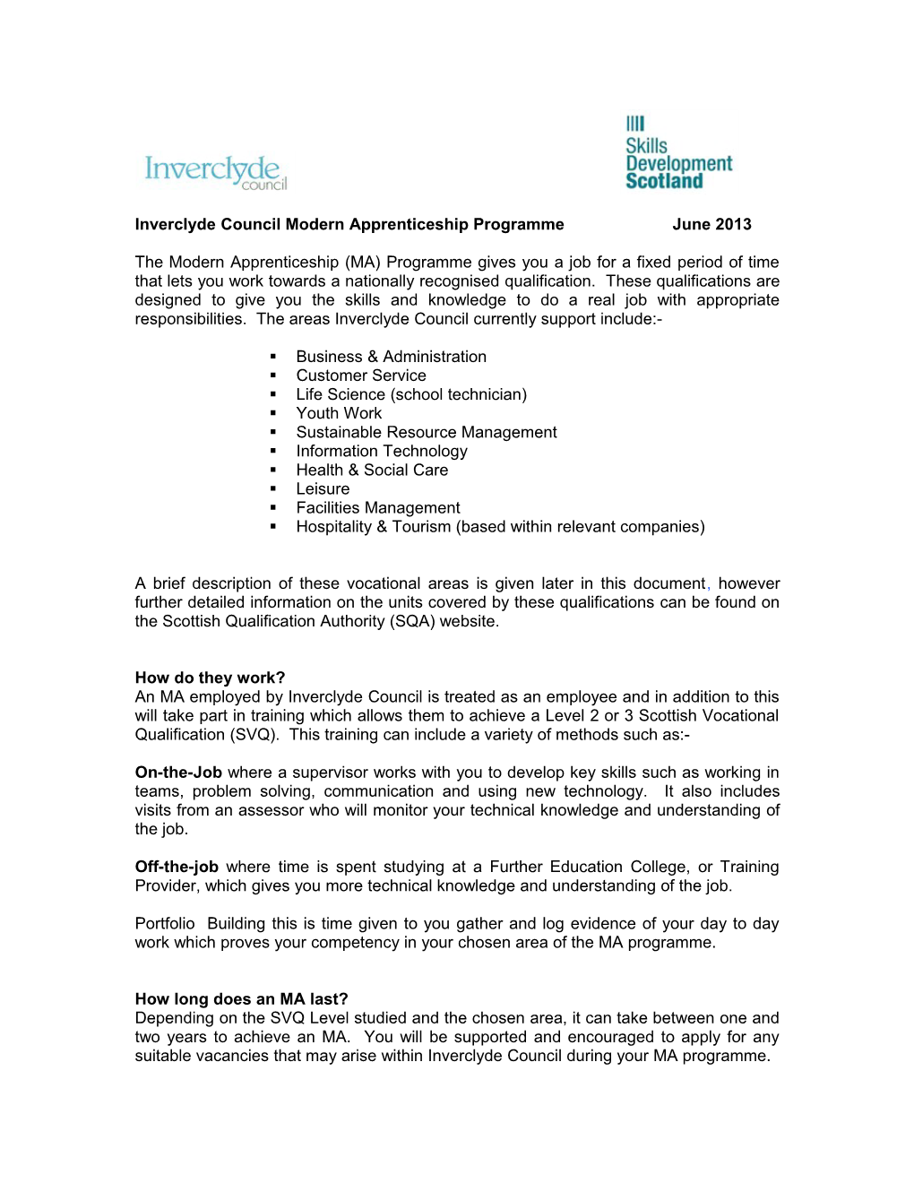 Inverclyde Council Modern Apprenticeship Programme