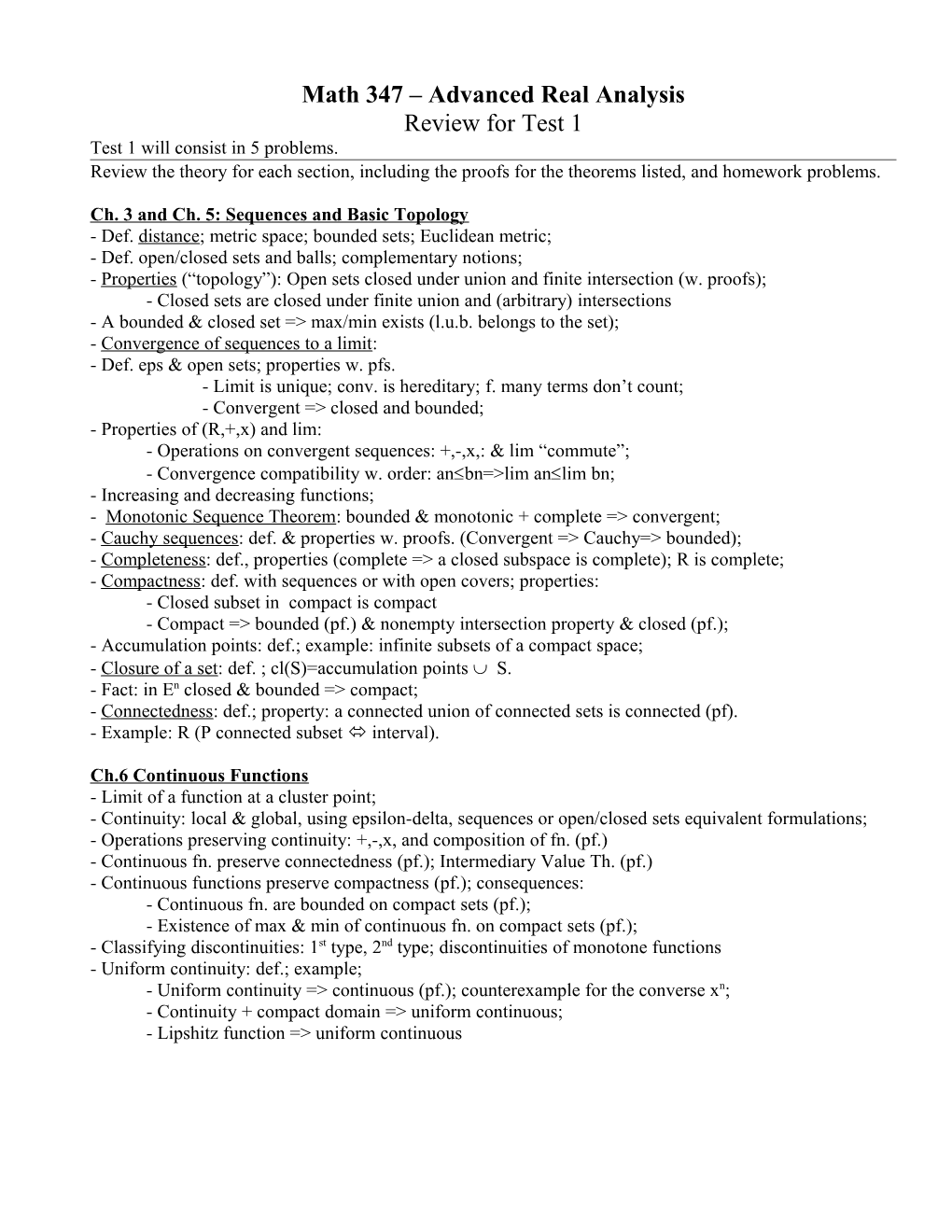 Math 347 Advanced Real Analysis