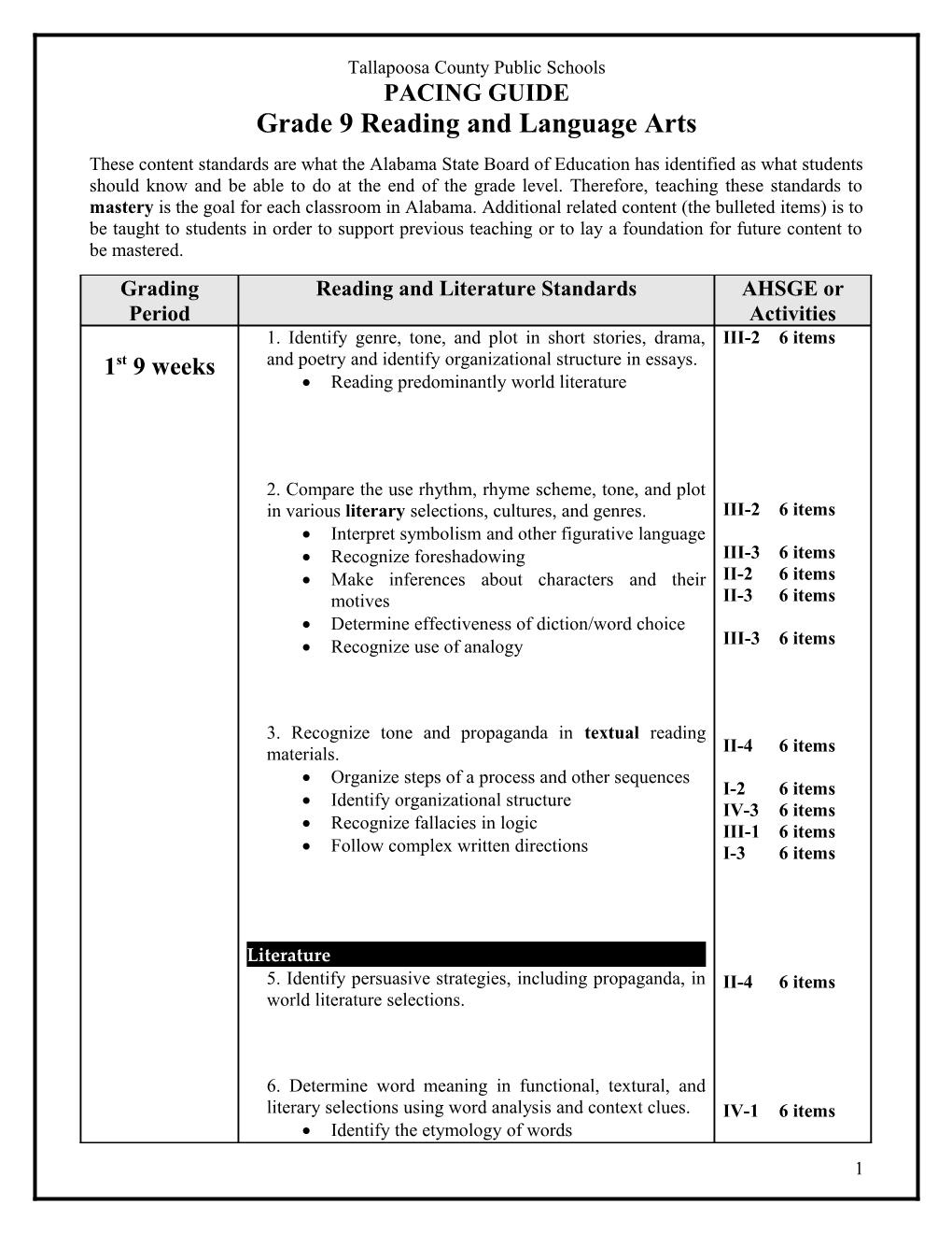 Grade 9Reading and Language Arts