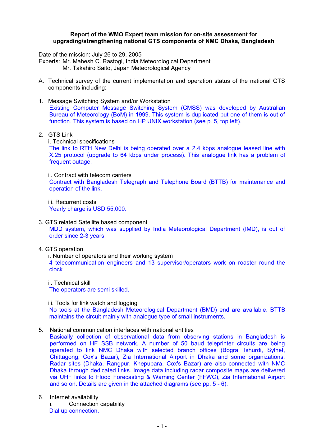 Report of the WMO Expert Team Mission for On-Site Assessment for Upgrading/Strengthening