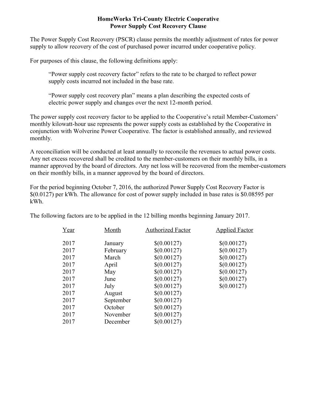 Power Supply Cost Recovery Clause