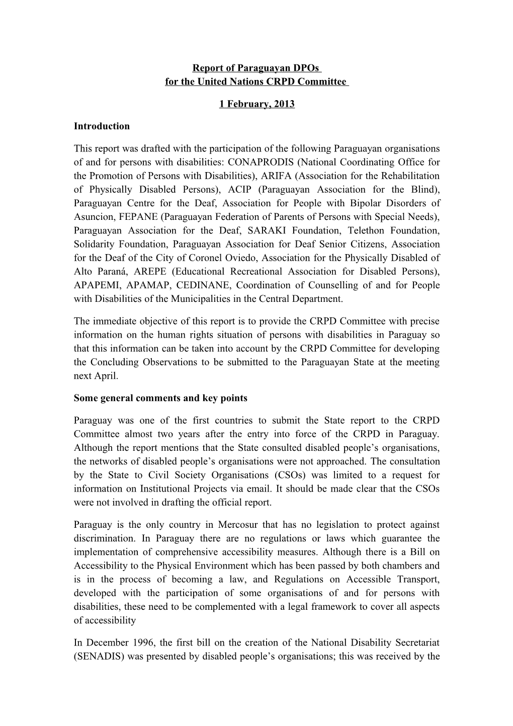 Borrador Del Informe De Opds Paraguayas Al Comité De La CDPD De Naciones Unidas 29 De Enero