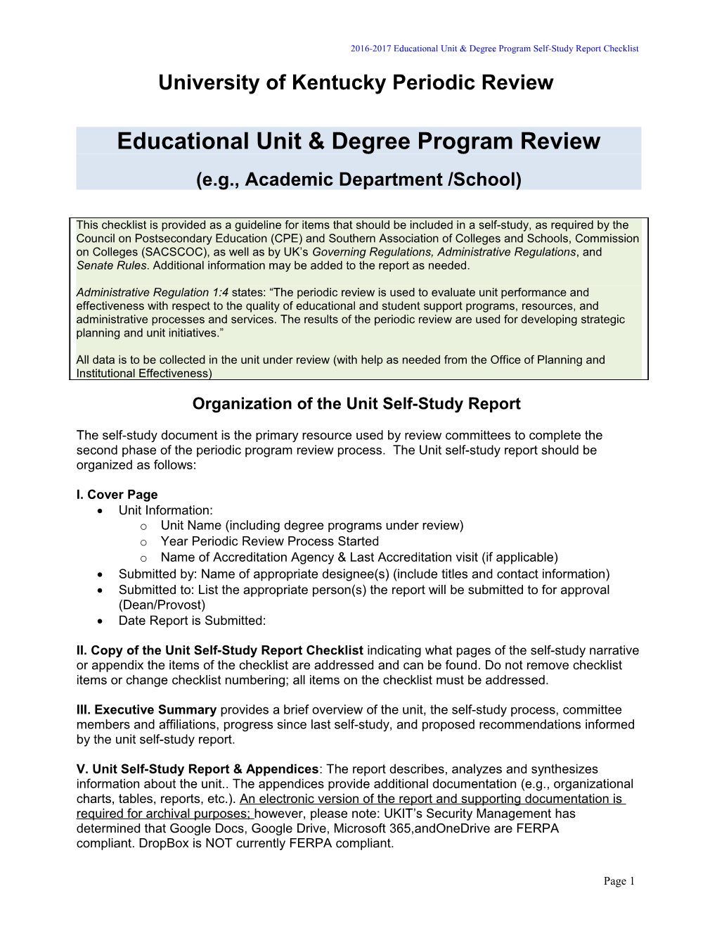 2016-2017 Educational Unit & Degree Program Self-Study Report Checklist