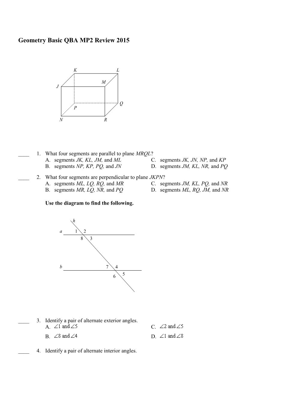 Geometry Basic QBA MP2 Review 2015