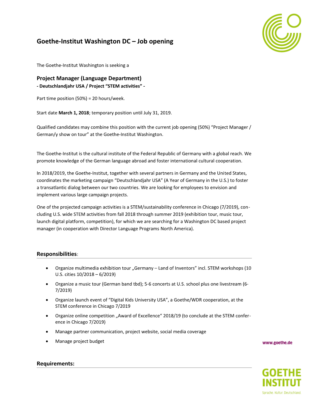 Goethe-Institut Washington DC Job Opening